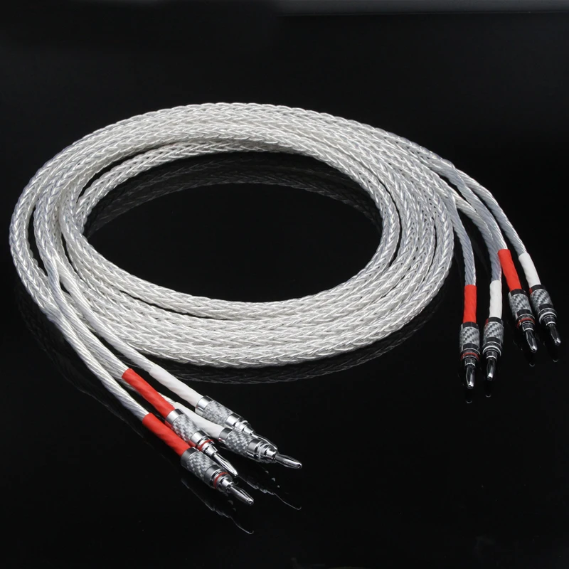 

1Pair Speaker Cable 8Ag OCC Silver-plated Hifi Speaker Amplifier sound Connecting line with White carbon fiber banana