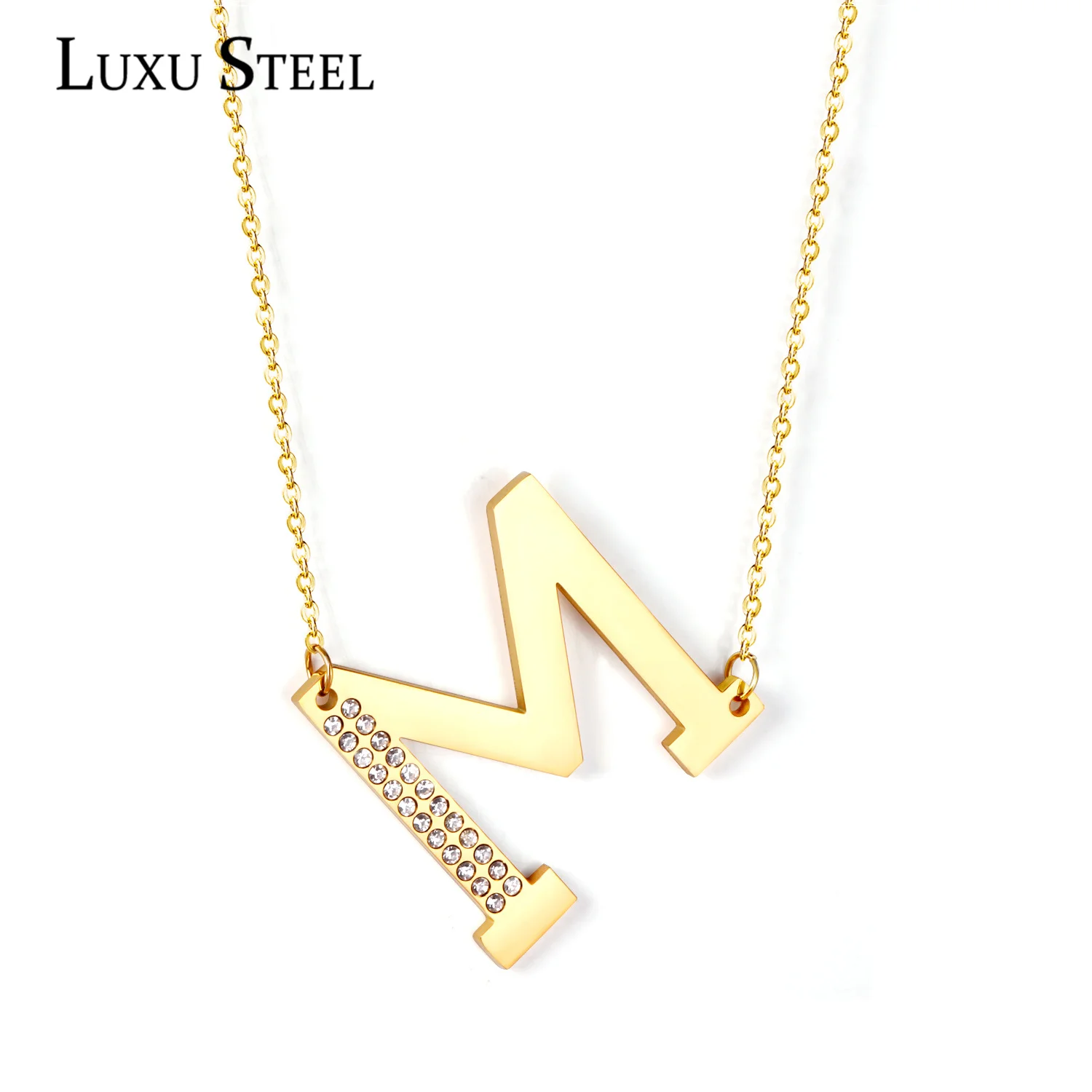 LUXUSSTEL CZ Letter M Pendant Necklace Trendy Style Gold Color High Quality Stainless Steel 26 Initial Collars  Chains