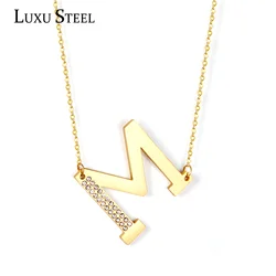 LUXUSSTEL CZ Letter M Pendant Necklace Trendy Style Gold Color High Quality Stainless Steel 26 Initial Collars Chains