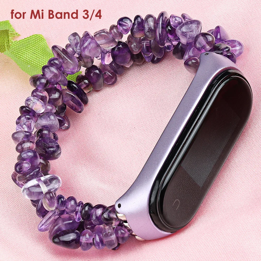 Stone Beads Strap for Xiaomi Mi Band 8 7 6 5 4 Bracelet Wristband Woman Watchband Natural Purple Luxury Handmade Lavender