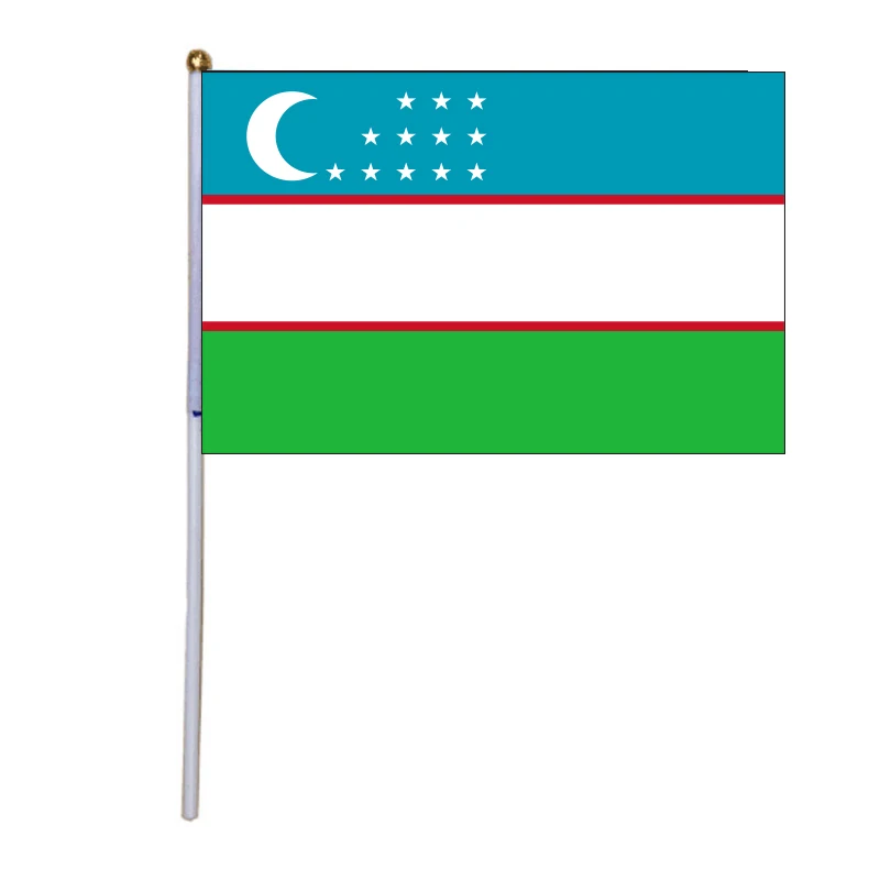 

free shipping xvggdg 100pcs 14 * 21cm National Flag Uzbekistan hand flags with plastic flagpole Polyester Printing flag