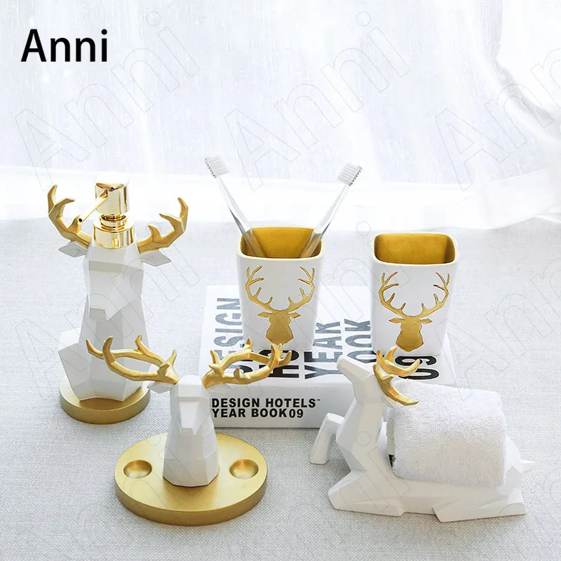 

Household Five Piece Set Bathroom Set Nordic Creative Golden Elk Decorative Resin Restroom Wash Accessories Organizer Decoration