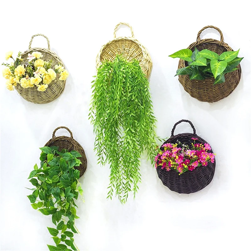 1PC Flower Planter Wall Hanging Wicker Rattam Basket Garden Vine Pot Indoor Plants Holder 4Colors