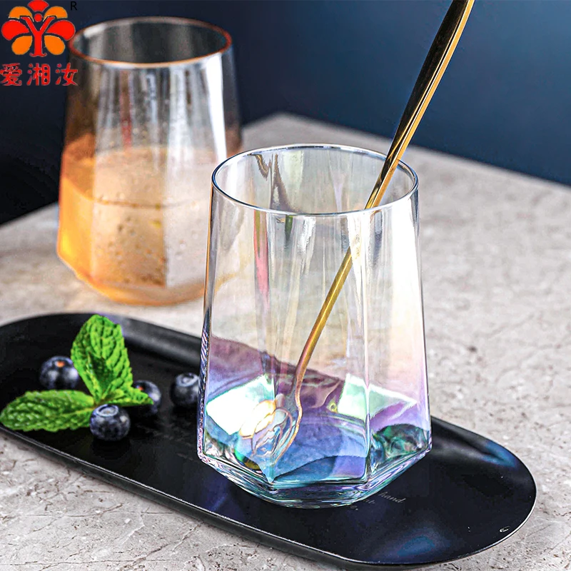 Aixiangru Octangle Whisky Glass Colorful Glass Cup Ins Wine Glasses Household Transparent Water Glass Iced Coffee Cup 340ml