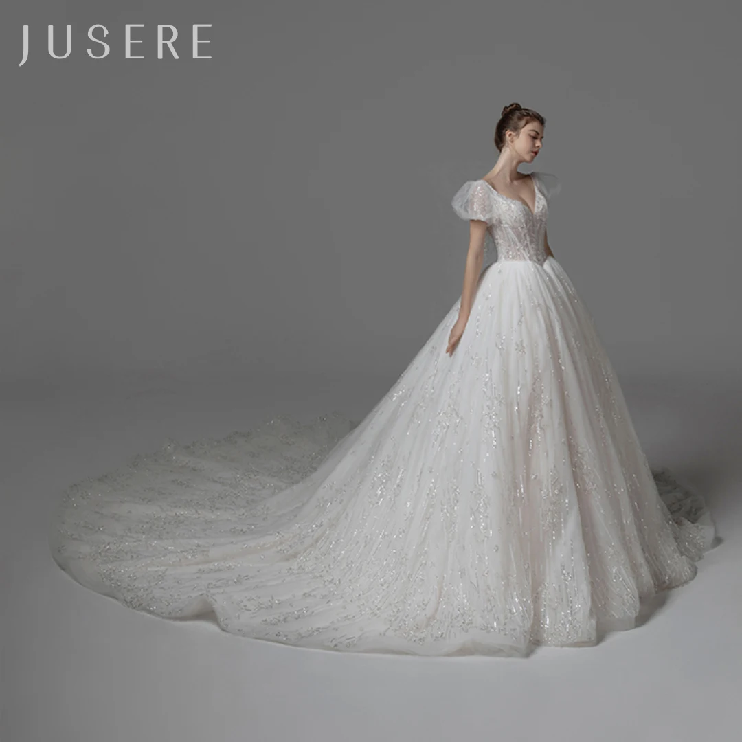 Jusere Sweetheart neckline Crystal Beaded Shinny wedding dress bridal gown puffy sleeves