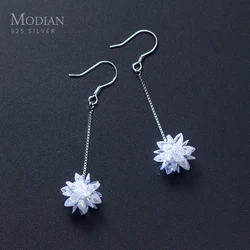 Modian Genuine 100% 925 Sterling Silver Long Chain Snowflake Crystal Drop Earrings Fashion Dangle Ear For Women Charm Jewelry