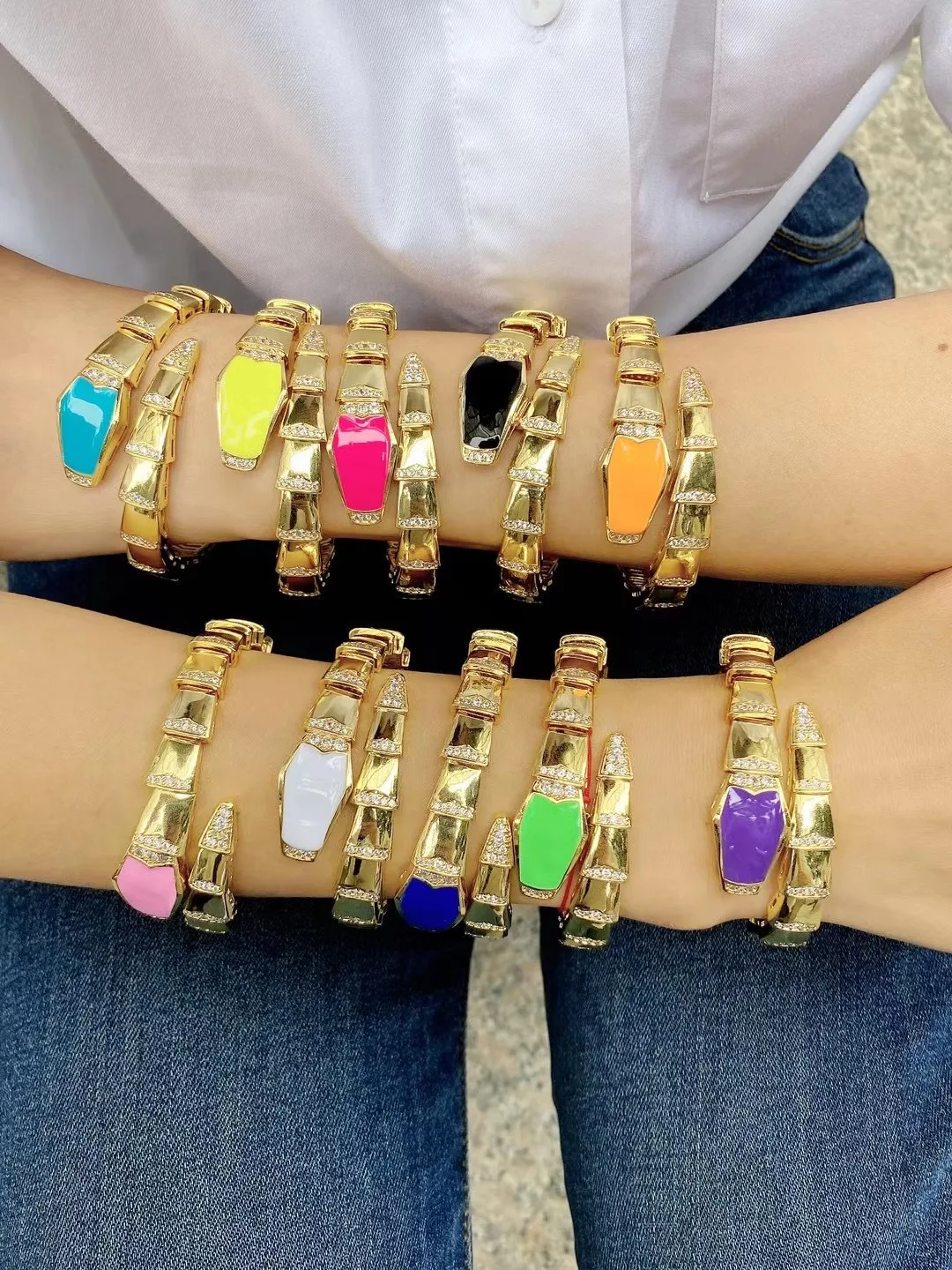 

3Pcs Cubic Zirconia colorful bangle for women Trendy snake bangle 10 colors available adjustable size bangle