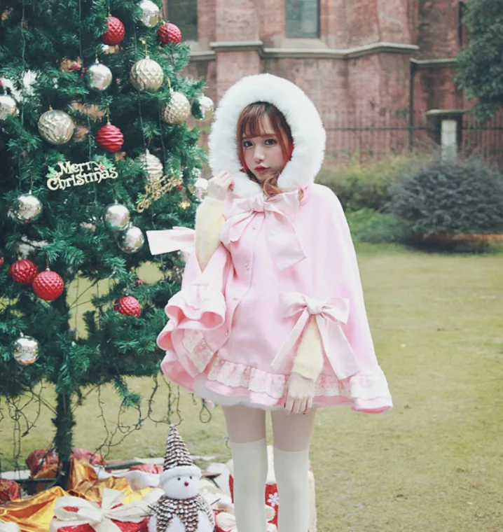 Autumn winter sweet lolita cloak vintage lace bowknot hooded thicken warm loose kawaii coat kawaii girl gothic lolita loli cos