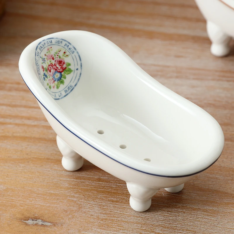 Modern Fashion Draining Hole Soap Box Bathtub Shape Rose Pattern Ceramic Soap Dish Bathroom Artistry Soap Tray Hotel Soap Rack