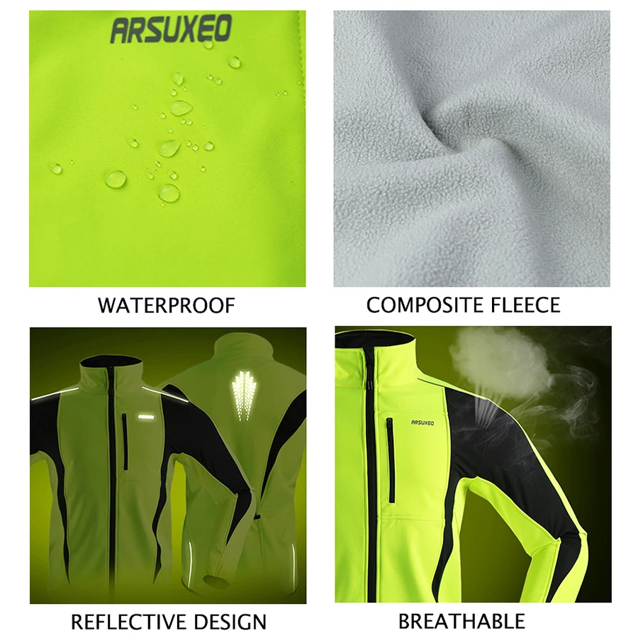 ARSUXEO Thermal Mtb Road Cycling Jacket Winter Night Reflective Warm Bicycle Clothing Windproof Waterproof Men Coat Bike Jersey