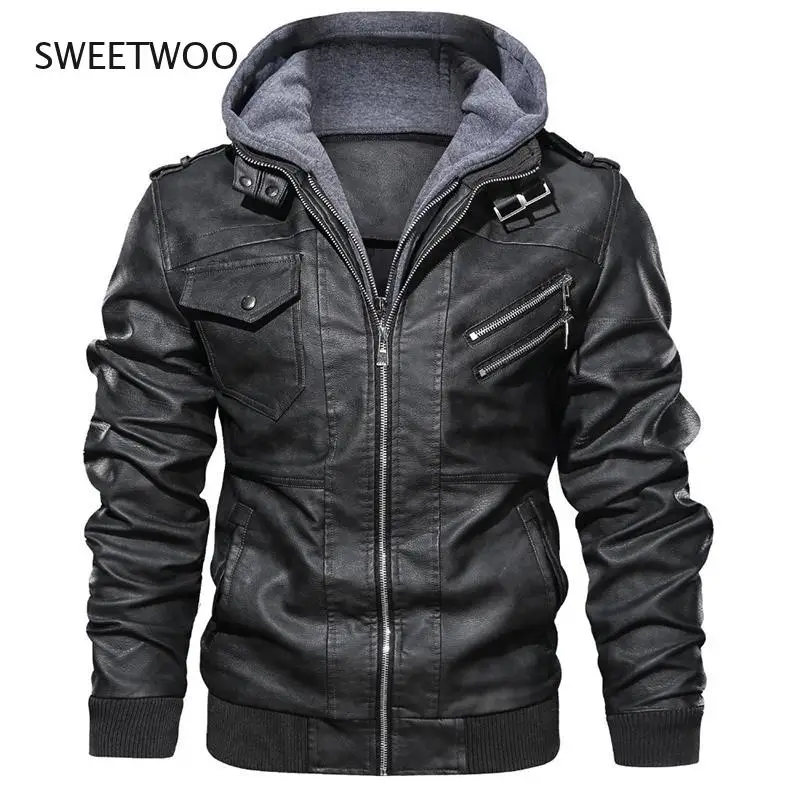 New Mens Outwear Bomber Vintage Autumn Black PU Leather Casual Jacket Slim Fit Motorcycle Biker Coats Removable Hood