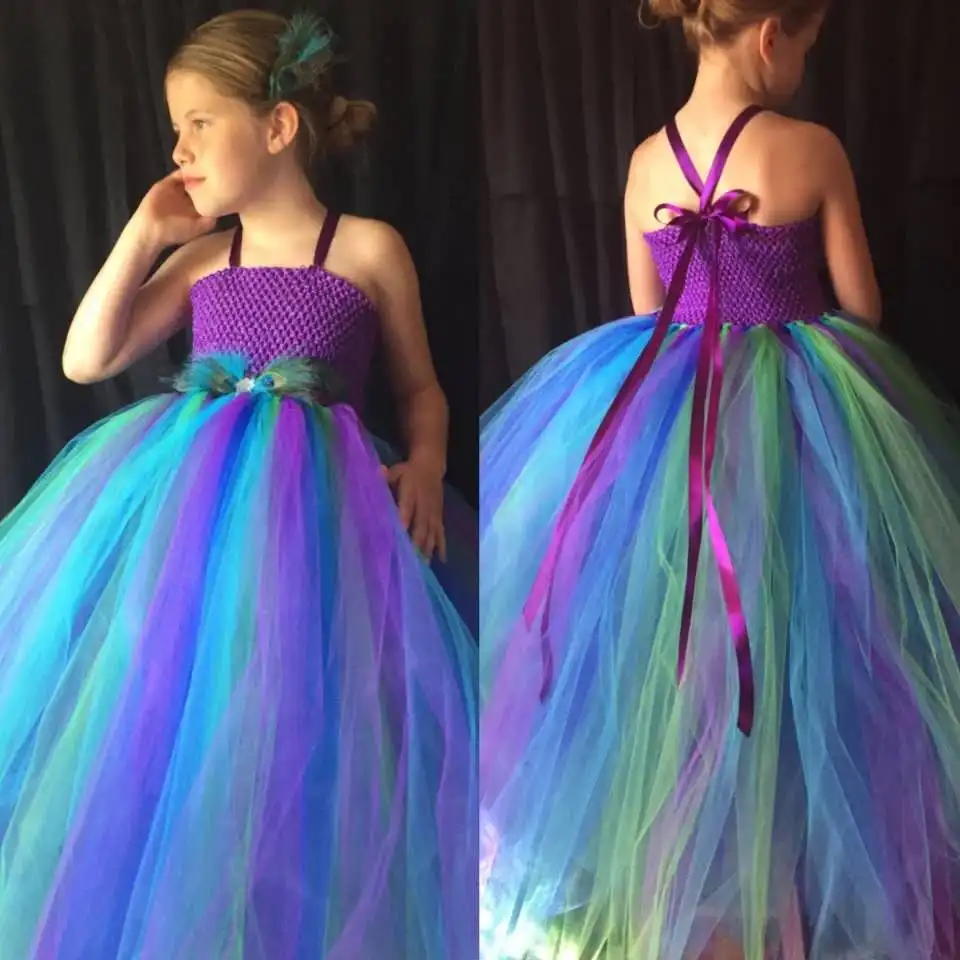 Girls Purple Peacock Feather Tutu Dress Kids Crochet Strap Dress Ball Gown with Hairclips Children Birthday Party Costume Dress