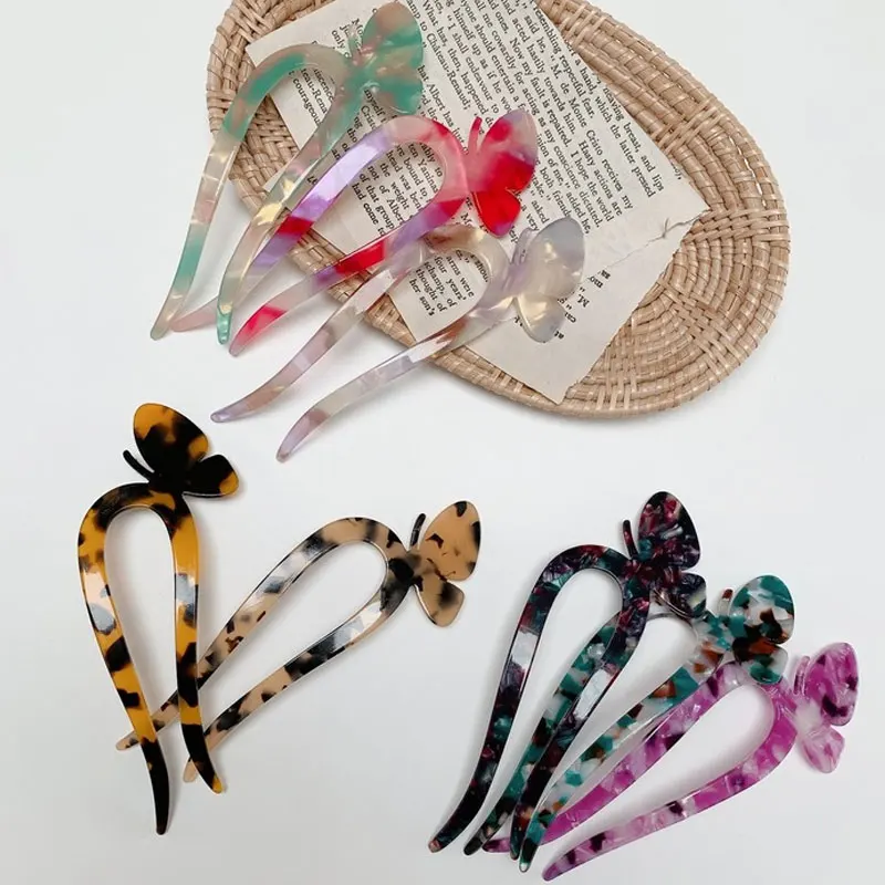 Fashion Acetate Hair Sticks for Women Butterfly Hair Clip Pins Minimalist Colorful U Shape Girl Hairpins Hair Bun Maker Headwear