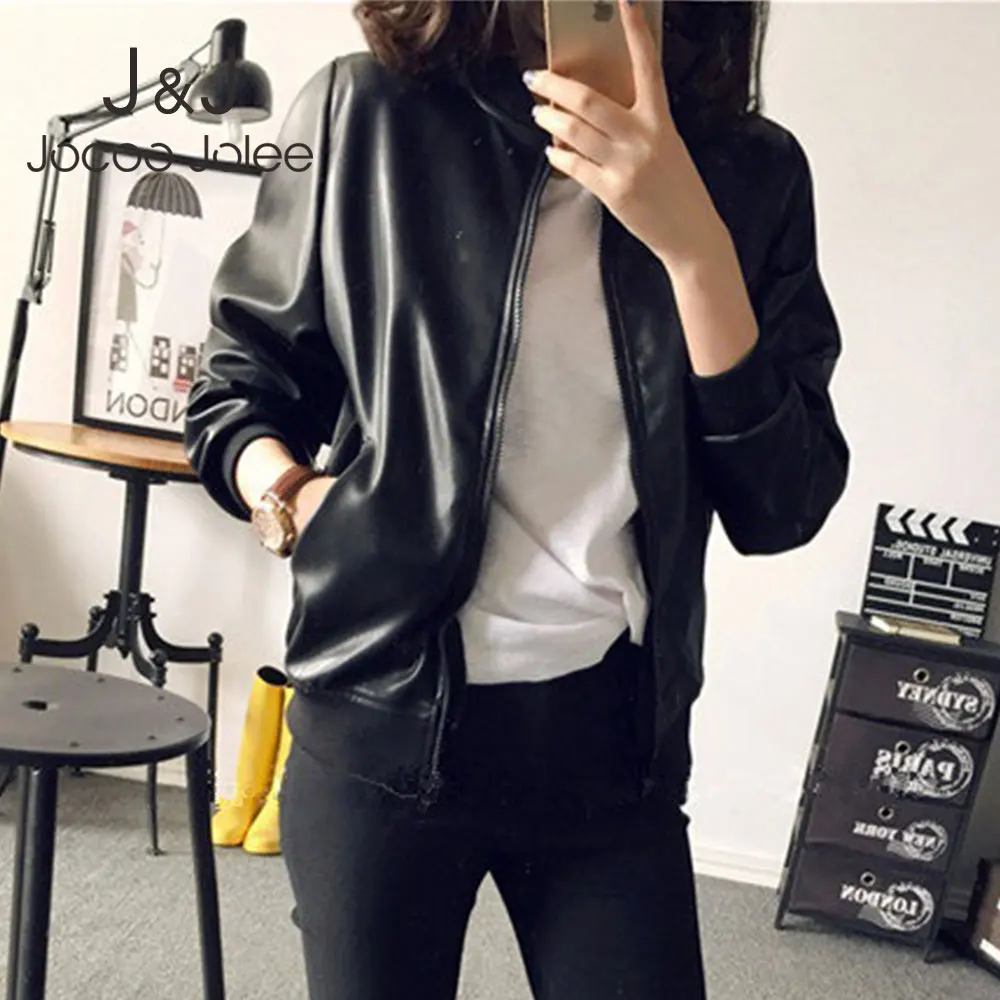 

Jocoo Jolee Women Loose PU Faux Leather Jacket Korean Zipper Bomber Coat Autumn Black Moto Biker Jacket Oversized Outwear