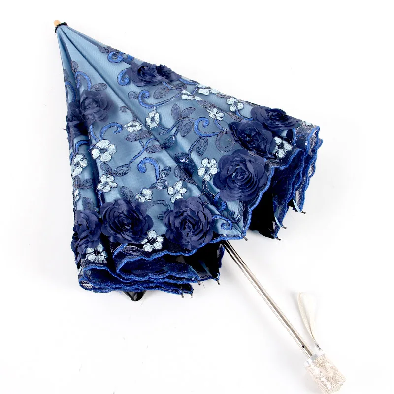 Lace Embroidered Two Folding Umbrella for Double-layer Embroidered Anti-UV Sunscreen Parasol Women Windproof Rain Umbrellas