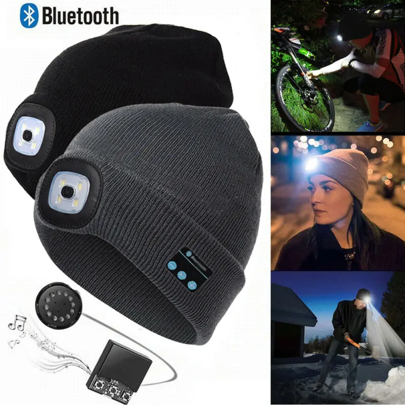 Sombrero de música de invierno, con Bluetooth auriculares inalámbricos V5.0, tapa inteligente, auriculares con 4 luces LED, auriculares de música manos libres para teléfono inteligente