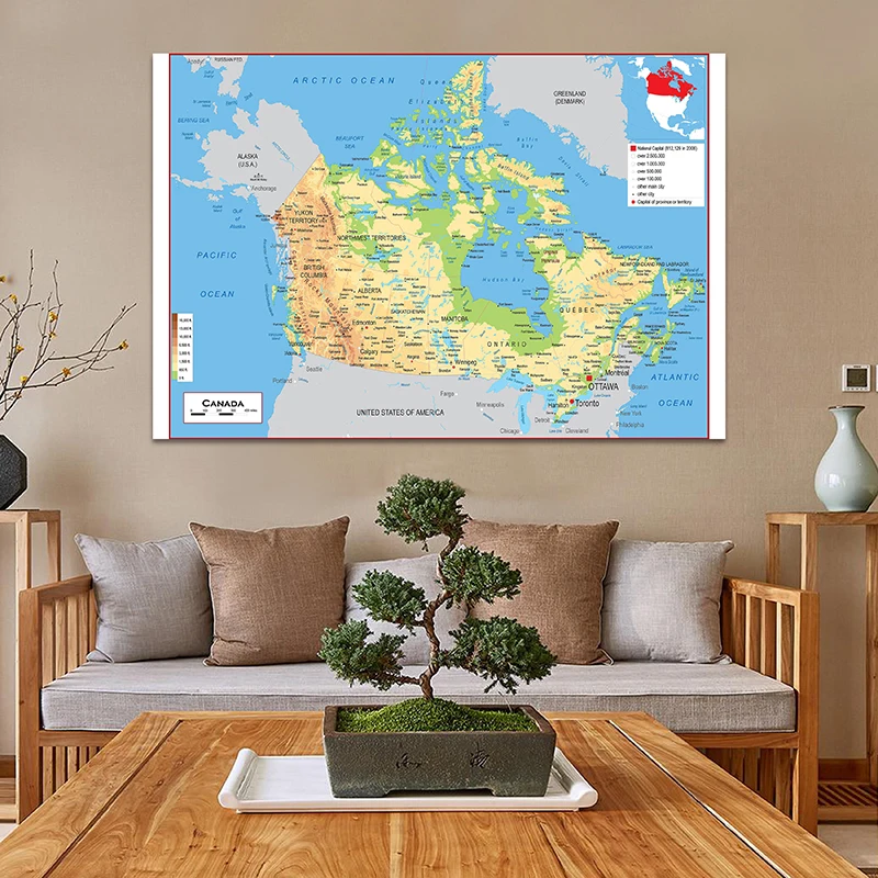 150*100cm The Canada Topographic Map In French Unframed Posters and Prints Wall Art Non-woven for Home Living Room Decoration