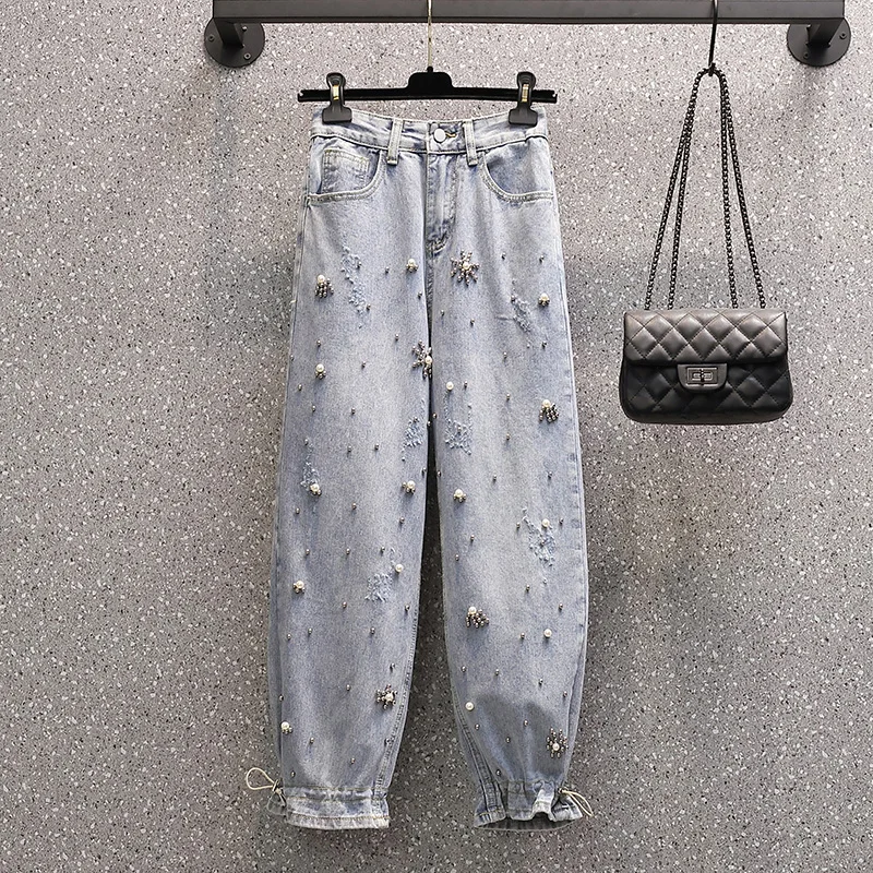 

Spring Autumn New Jeans Women's Cotton High-waist Denim Pants Girl Fashion Personality Beaded Jeans Large Size 4XL