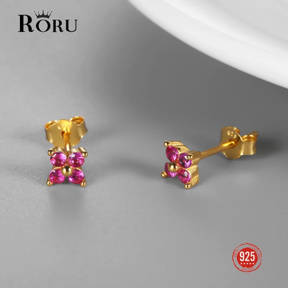 Sterling Silver 925 Earrings Rose Red Zircon Gold Stud Earrings for Women Fine Gift Sweet Luxury Mini Ear Jewelry