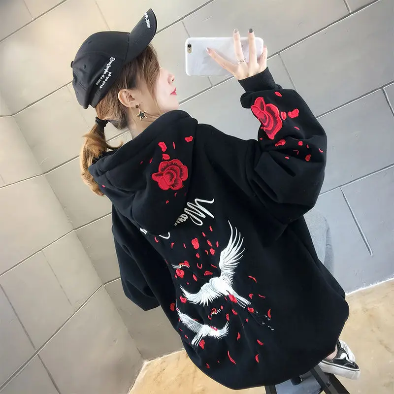 Oversized Women Hoodies Casual Embroidered Rose & Crane Sweatshirt Korean Style Autumn Long Sleeve Hooded Female Pullovers Tops