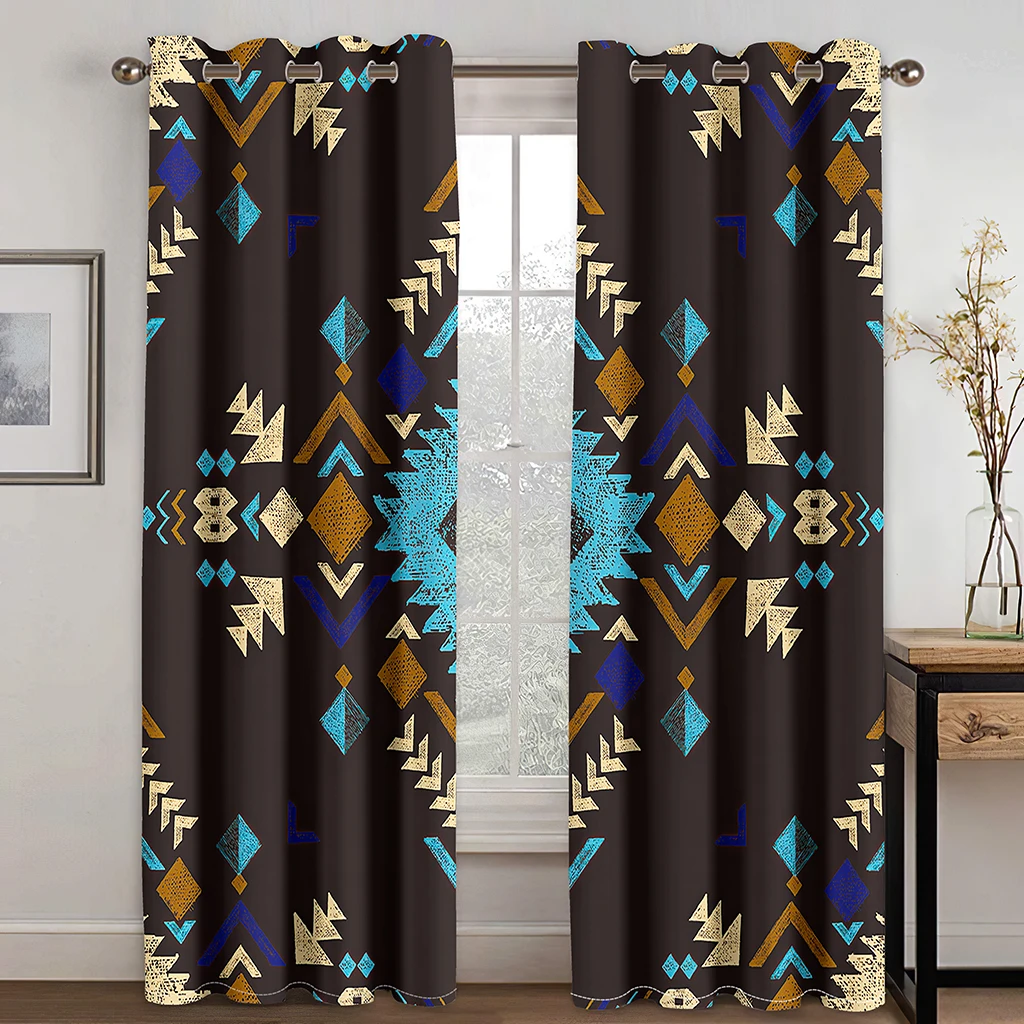 Geometric Blackout Window Curtains Bohemian Cotton Linen Curtain Living Room & Bedroom Drapes Decor(2Panels)Cotinas De Salaカーテン