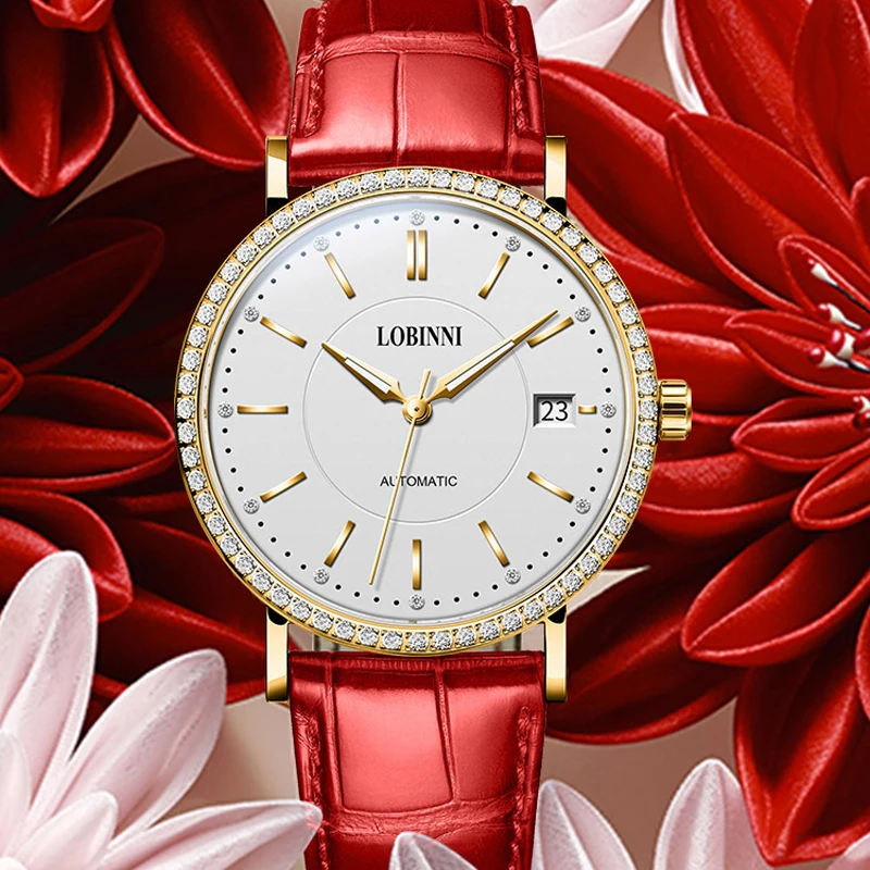 LOBINNI 새로운 MITOTA 무브먼트 여성 시계 럭셔리 라인 석 설정 시계 방수 자동 기계식 여성용 손목 시계