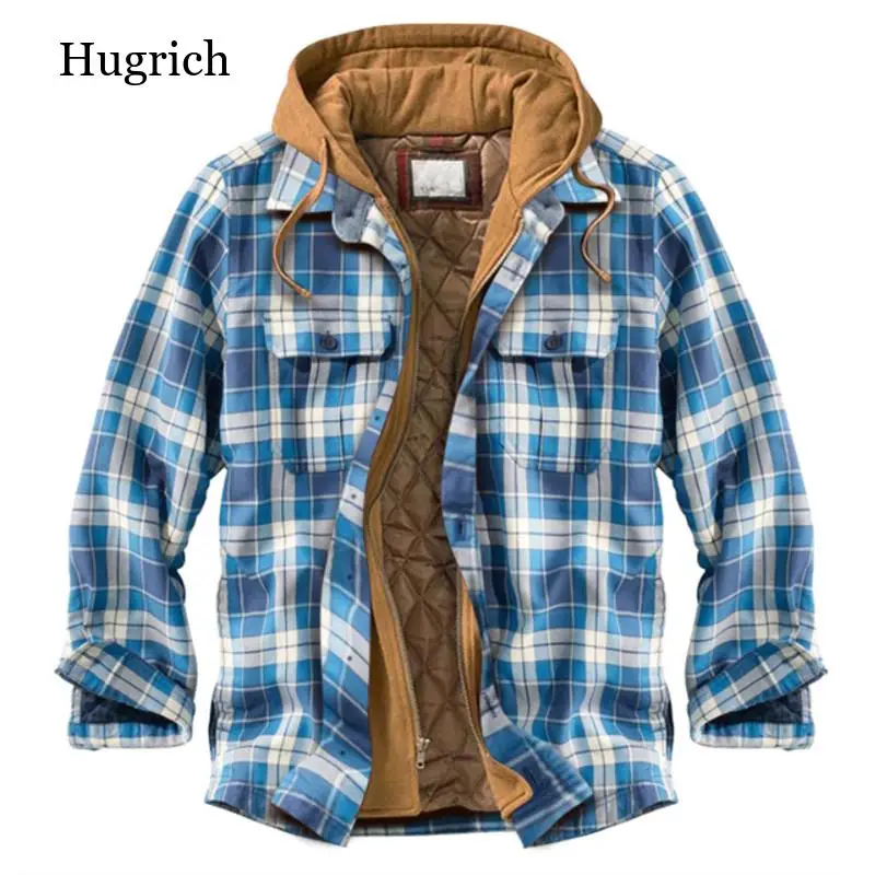 

Men's Fashion Winter Warm Plaid Shirt with Hood Cotton Padded Thick Thermal Tops Outerwear M-4Xl