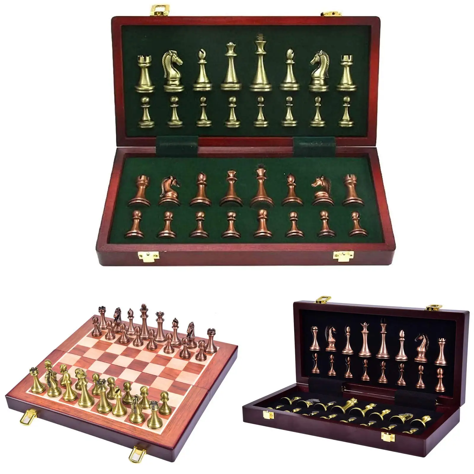 Wooden Folding Chessboard Retro Metal Alloy Chess Pieces Chess Game High Quality Classic Handmade Standard Metal Chess Set Gift