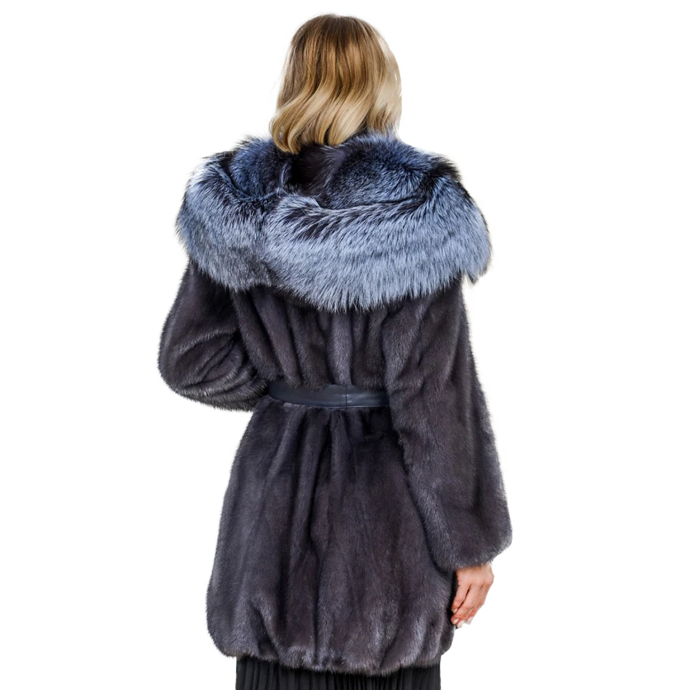 TOPFUR Natural Mink Fur Coat Blue Color With Big Fox Fur Hat For Women Coat With Belt Real Fur Parka Thick Warm Winter Overcoat