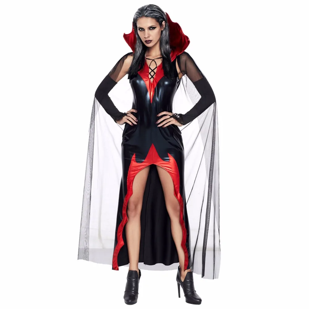 Trajes de halloween para adultos traje de vampiro cosplay pu sexy alta divisão vestidos longos