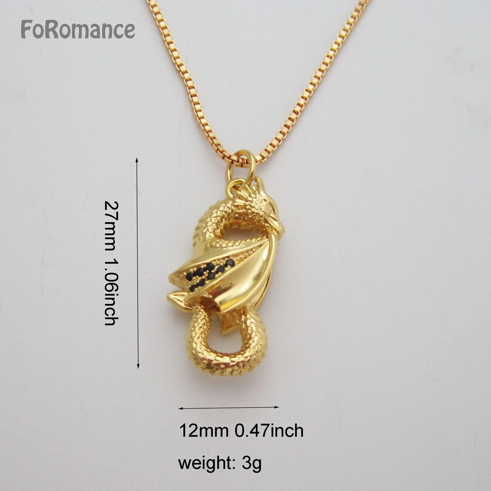 YELLOW GOLD PLATED 45CM BOX CHAIN 3D DRAGON WITH BLACK CZ STONES ON THE WING PENDANT HEIGHT 27MM 1.06INCH FASHION JEWELRY