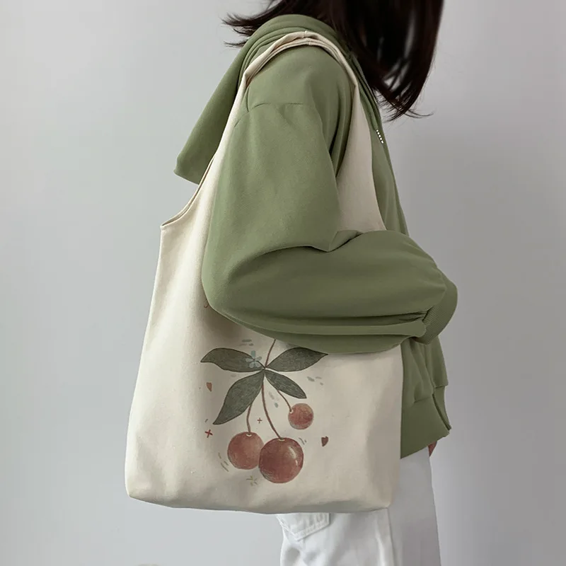 Literature Cherry Print Tote Open Shopping Bag for Lady Canvas Shoulder Bag Women Students Cotton Cloth Eco Shopper Bag