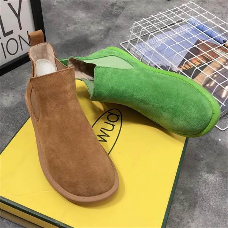 Retro Women\'s Shoes Female Cow Suede Leather Matte Flat Heels Casual Chelsea Ankle Boots Candy Colors Preppy Style Boots