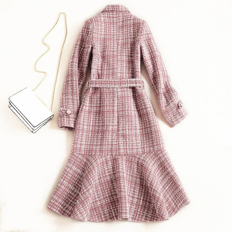 Quality High Womens Trench Coat Fashion Plaid Double Breasted Ruffles Outerwear Female Brand Elegant Slim Fit Belt Long Coat