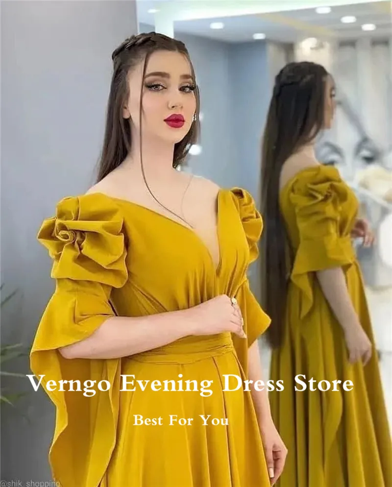 Verngo Saudi Arabische Vrouwen Chiffon Lange Prom Dresses V-hals Puff Lange Mouwen Floor Lengte Avondjurk Plus Size Formele jurk