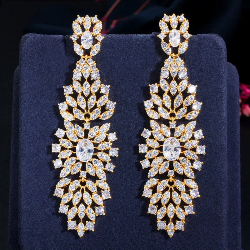 CWWZircons American European Women CZ Wedding Prom Jewelry White Cubic Zirconia Long Dangling Earrings for Brides Party CZ655