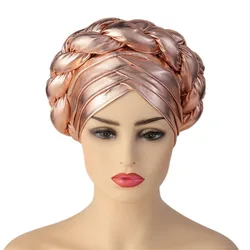 Glitter Metallic Fabric Braids Turban Cap for Women Elegant Pleated African Aso-oke Head Ties Ready Nigeria Auto gele Headwrap