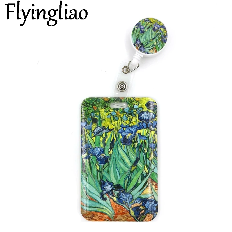 Van gogh Oil Painting Irises Cute Card Cover Clip Lanyard Retractable Student Nurse Badge Reel Clip Cartoon ID Card Badge Holder