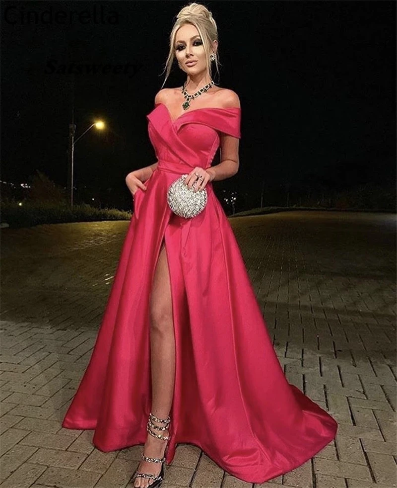 Sexy Prom Dresses Off The Shoulder A-Line Floor Length Satin Pleated Prom Dresses With Zipper Back Sexy Party Gowns For Prom