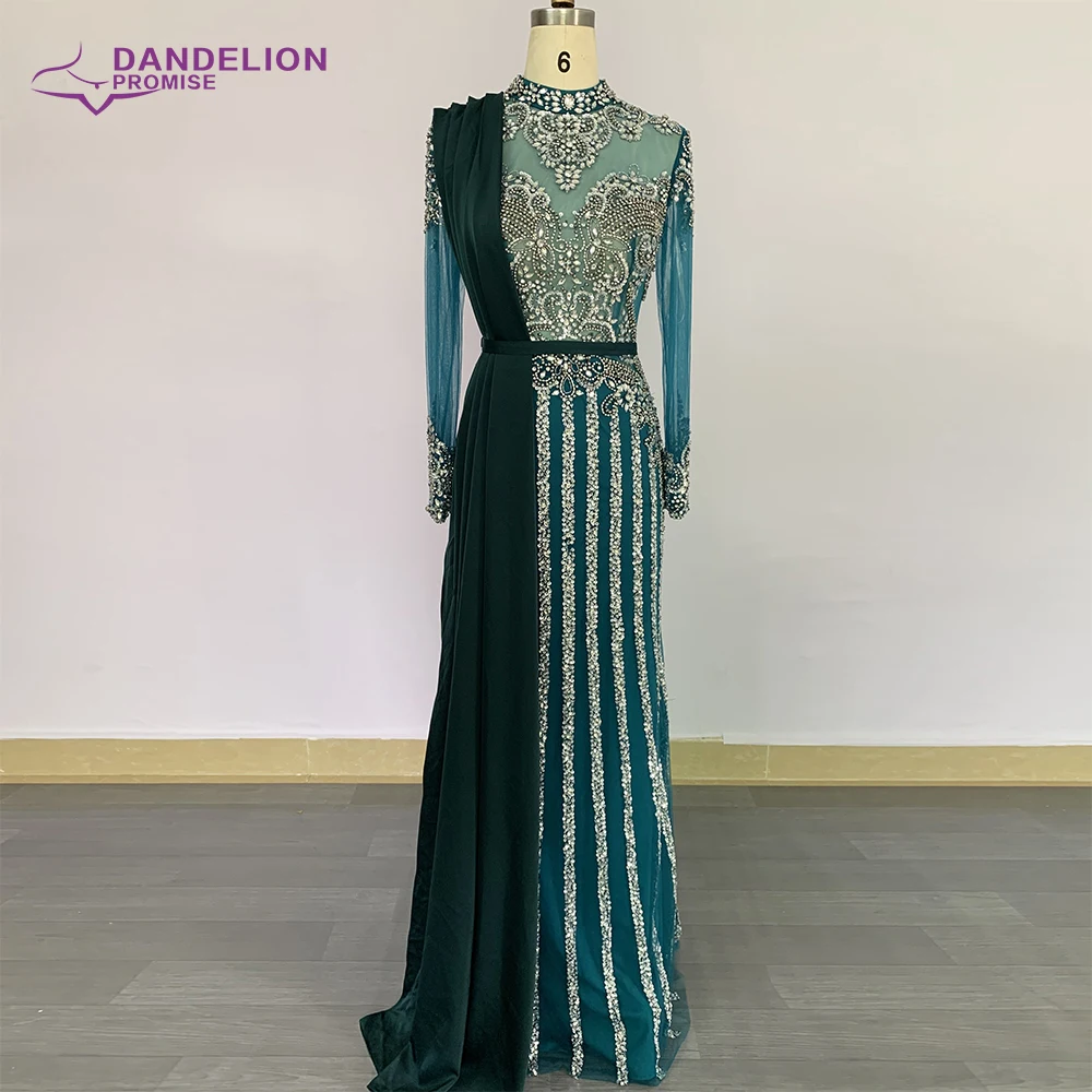 2020 Collection Gray Muslim Rhinestones Evening Dresses High Neck Dubai Long Sleeve Mermaid Gown For Women Party