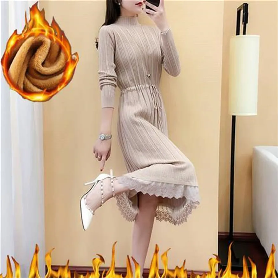 Belt Winter Pollover Thick Woman New Pleated Sweater Dress Women Knitted Warm Casual Solid Jumper Dresses Korean Autumn 2021