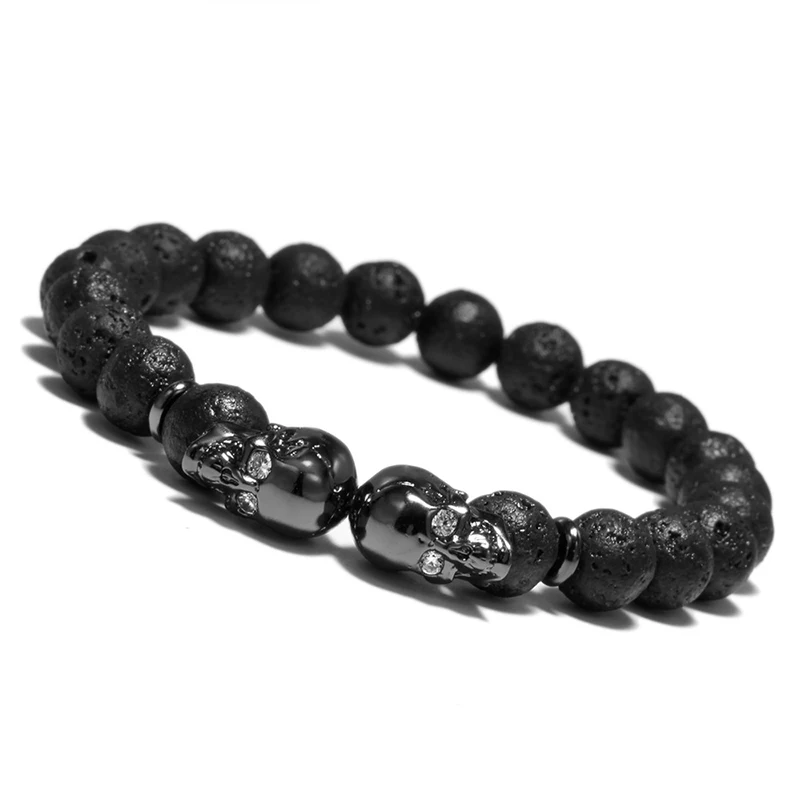 Pulsera Punk con diseño de doble cabeza de calavera para hombre, brazalete de Lava con cuentas de piedra Natural de 4 colores, pulsera de motorista,