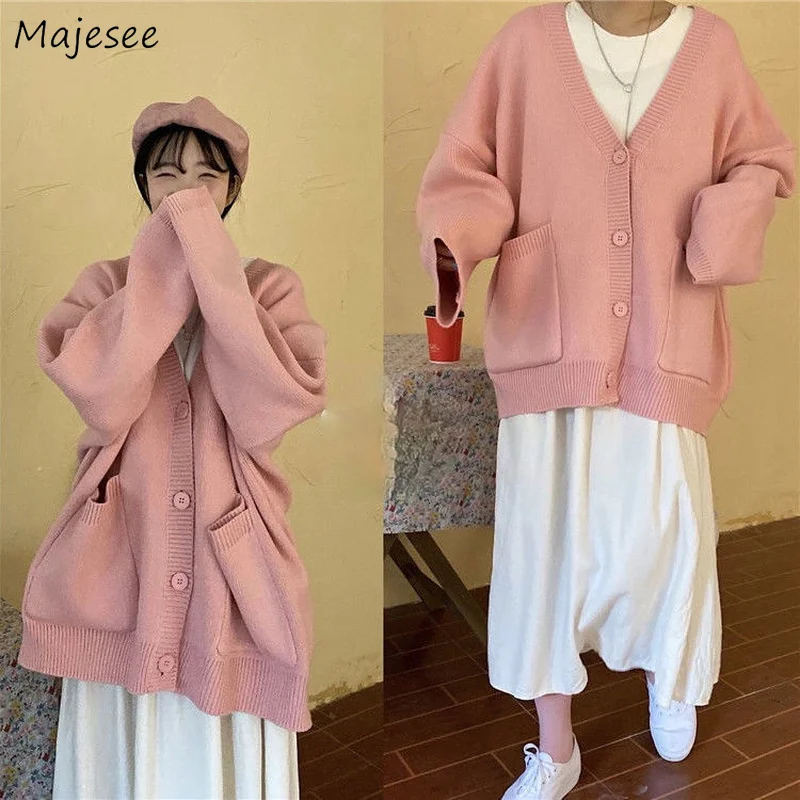 Áo Len Nữ Màu Hồng Girlish Hàn Quốc Nữ Phong Cách Đơn Giản Chắc Chắn Tay Dài Cổ Chữ V Cổ Tim Sinh Viên Rời Tất Cả Các Trận Đấu Đan Nữ