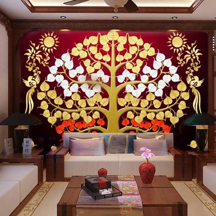 Customized Southeast Asia Thai-style gold foil painting living room entrance porch frescoes Bodhi tree auspicious tree wallpaper