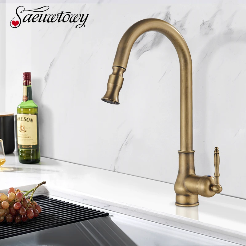 Antique Brass Kitchen Faucet Pull Out Kitchen Sink Faucet Single Handle Faucet 360 Rotate Kitchen Tap Hot Cold Water Mixer Crane