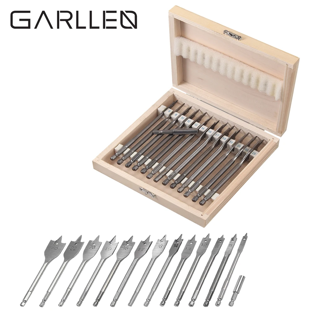 GARLLEN 13pcs Wood Drill Bit Set 150mm Length 6-25mm Woodwork Spade Flat Hex Shank Bit for Home DIY General Building/Engineering