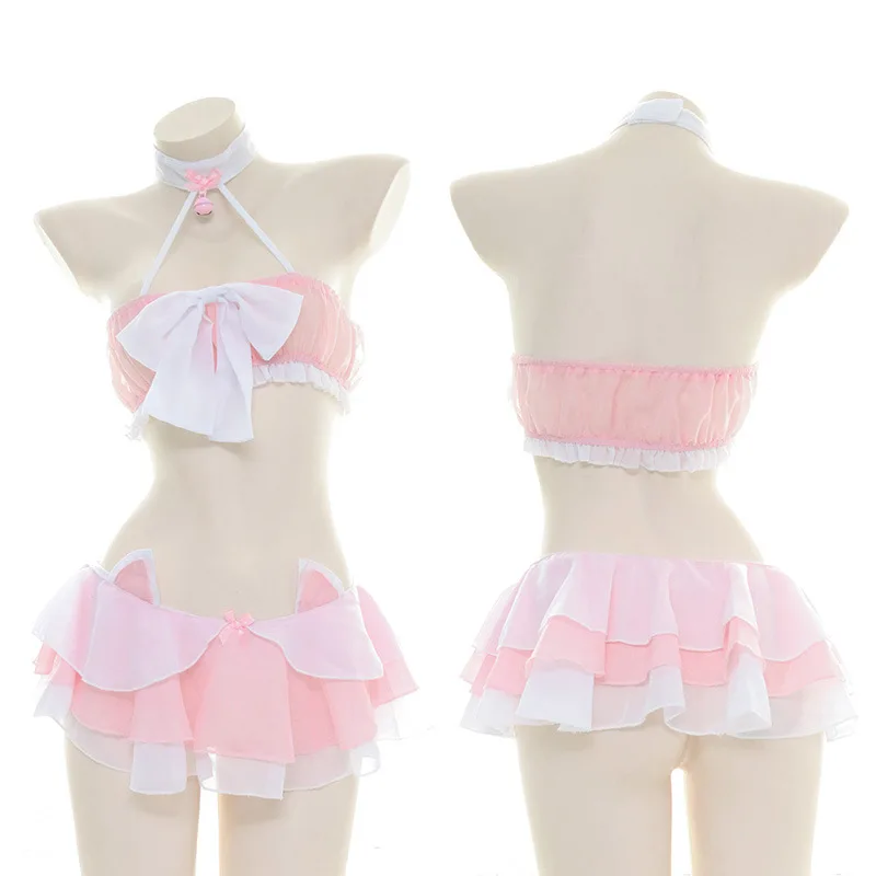 Anime Cosplay Lolita Girls Pink Bell Halter Bowknot Crop Tops Camisoles Cute Sweet Cat Ears Ruffles Skirt Lingerie Set Drop Ship