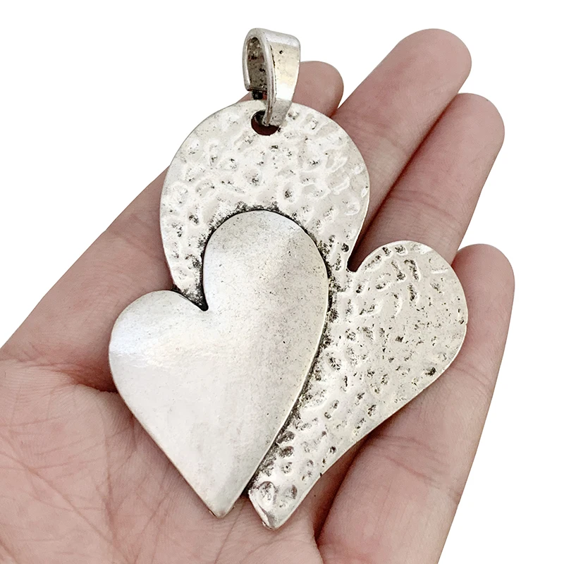 2 szt. Antyczne srebro kolor duże podwójne serce Charms wisiorki dla DIY naszyjnik akcesoria do wyrobu biżuterii 78x54mm