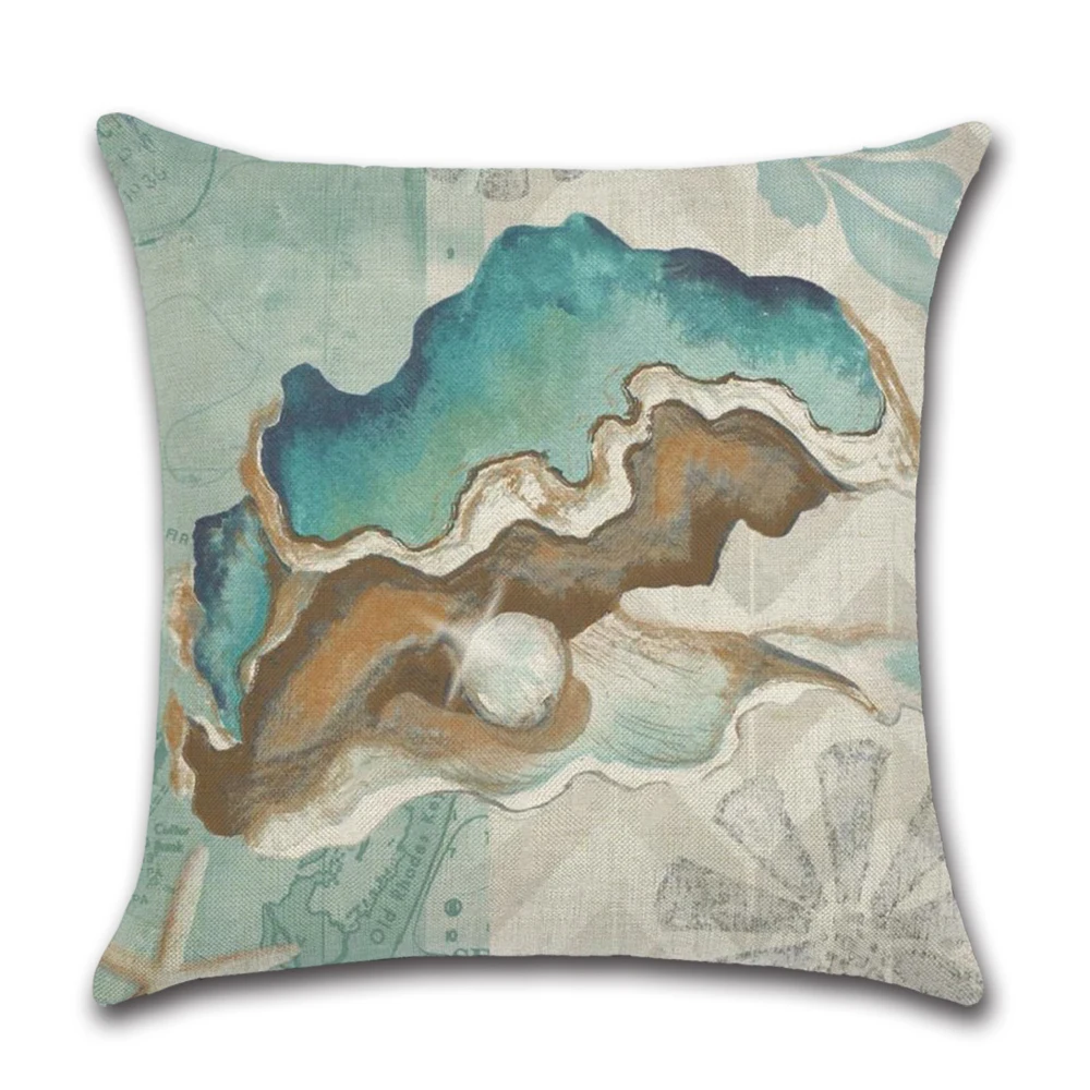 Hand drawn conch sea horse sea fish  Printed Cushion Cover Cotton Linen Ocean Printed Home Decor Pillowcase  Sofa Cushion Case