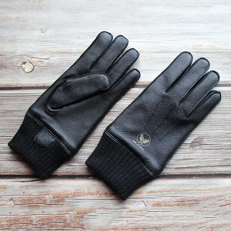 Motorcycle Riding Touch Screen Deerskin Gloves Men\'s Wool Lining Threaded Sleeves Winter Warm Car Driving Leather Finger Gloves